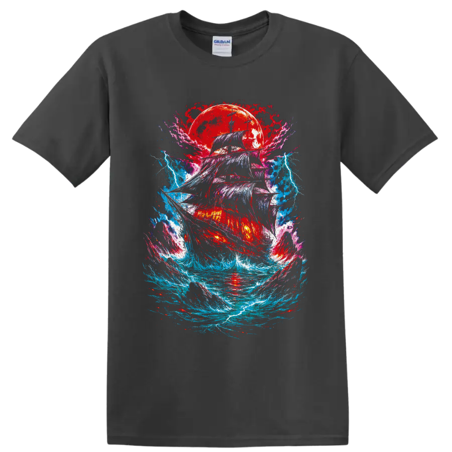 Gothic fantasy pirate ship in storm waves beneath a crimson moon and lightning on a Charcoal T Shirt