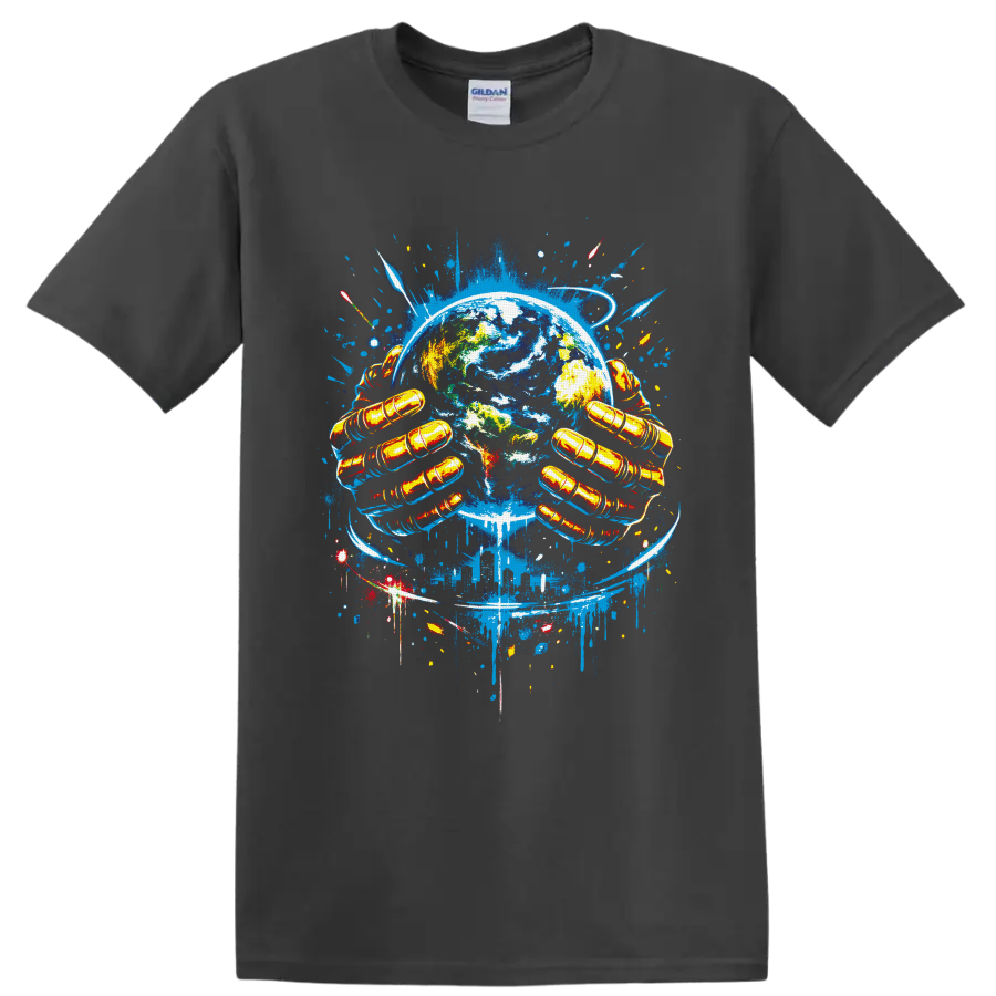 Graffiti-style Earth artwork with golden gloved hands, rockets, and blue orbit trails on a Charcoal T Shirt