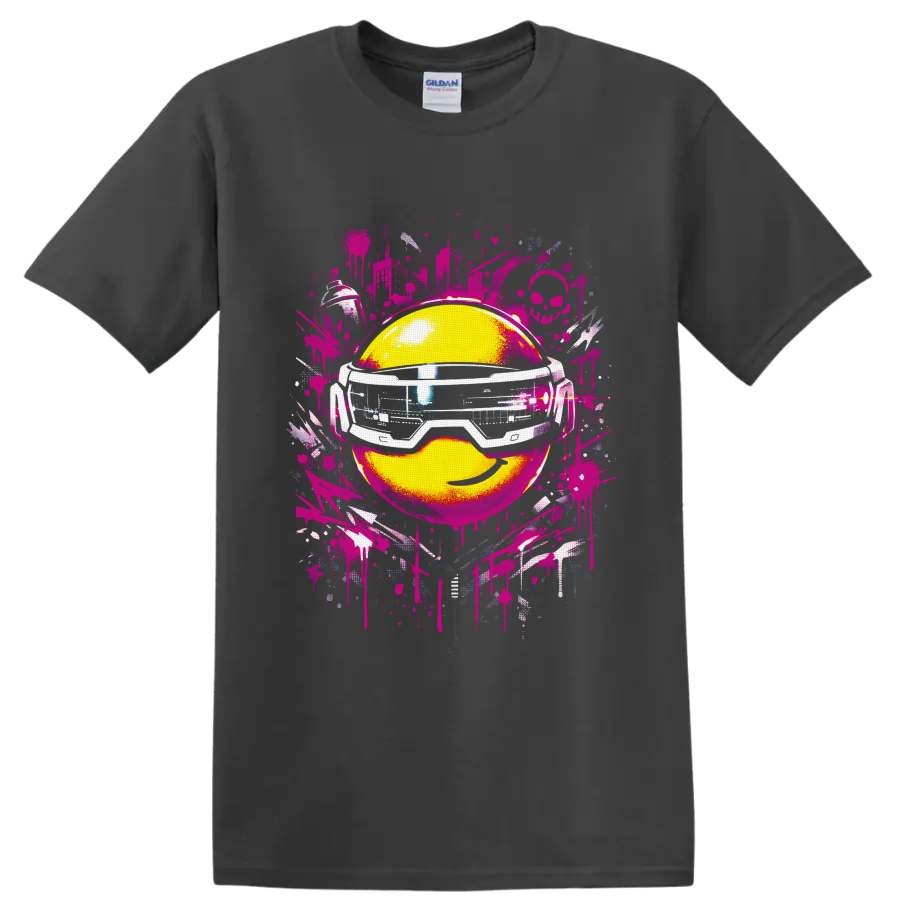 Yellow smiley face in futuristic goggles with pink graffiti splatters on a Charcoal T Shirt