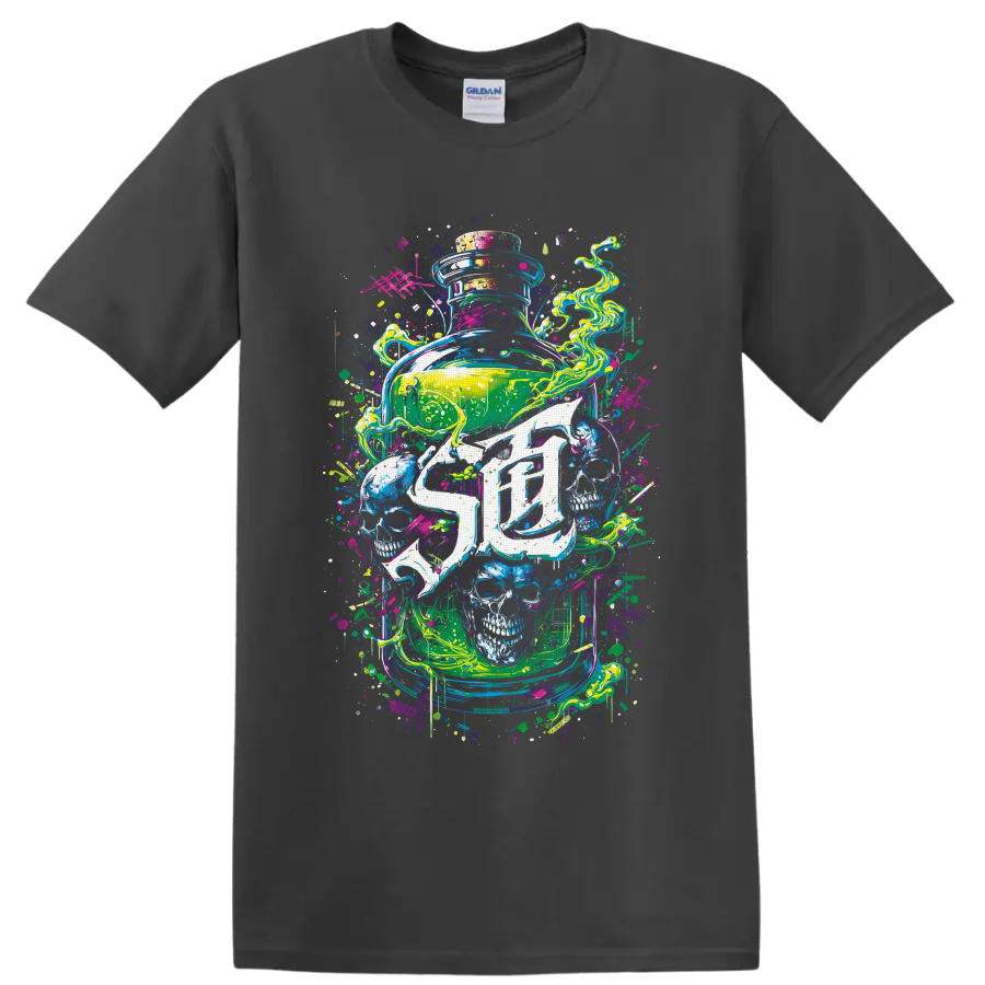 Neon graffiti glass jar with skulls, swirling smoke, splatters, and drips on a Charcoal T Shirt