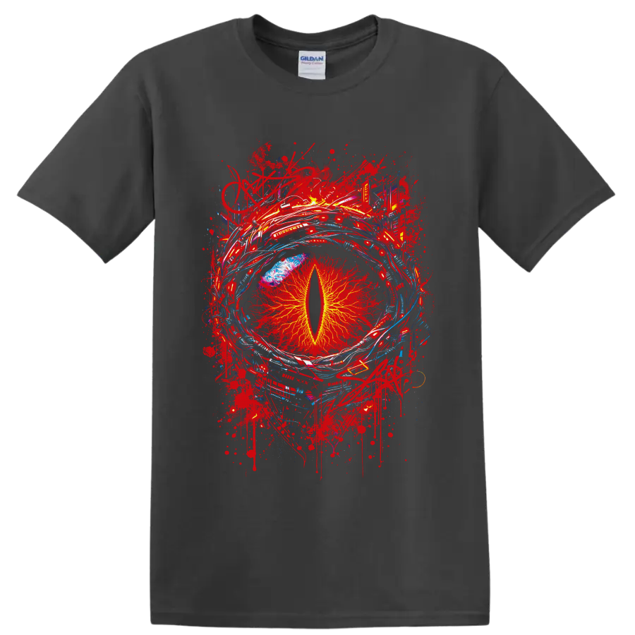 Fiery dragon eye with yellow slit pupil, red splatters, and blue abstract arcs on a Charcoal T Shirt