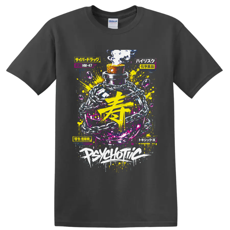 Psychedelic smoke bottle with chains, neon paint splashes, and graffiti-style lettering on a Charcoal T Shirt
