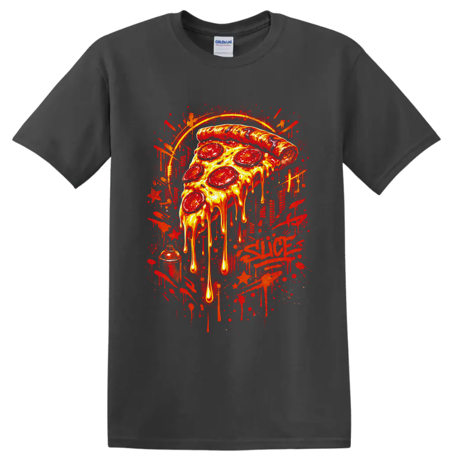 Dripping pepperoni pizza slice in fiery graffiti street art style on a Charcoal T Shirt