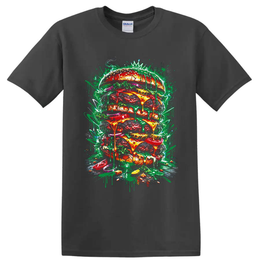 Graffiti-style giant stacked burger with dripping cheese, toppings, paint splatters, and on a Charcoal T Shirt