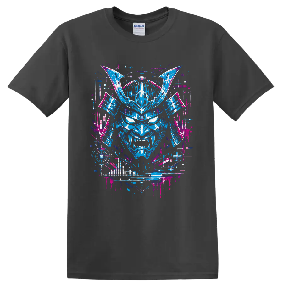 Neon cyberpunk oni mask with samurai armor, horns, fangs, and glitch-art details on a Charcoal T Shirt