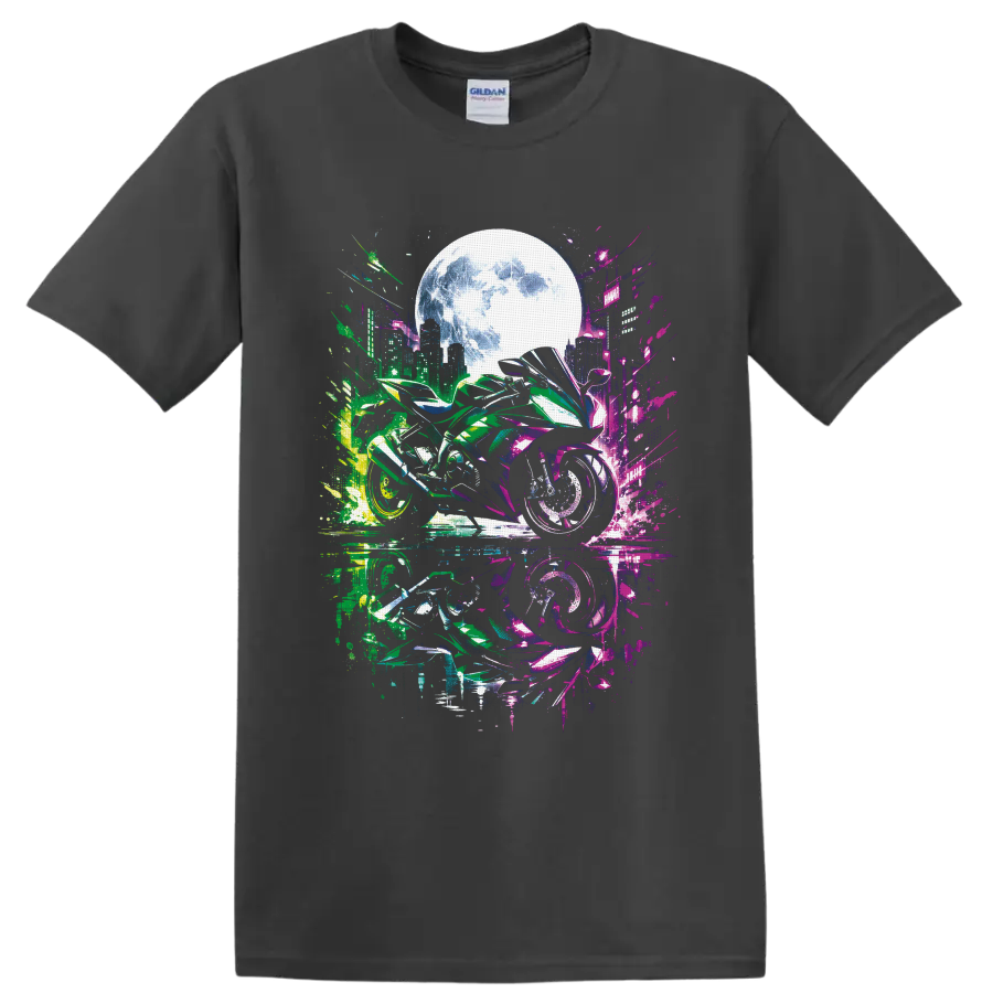 Cyberpunk sport motorcycle with neon city skyline, glowing moon, and reflective street art on a Charcoal T Shirt