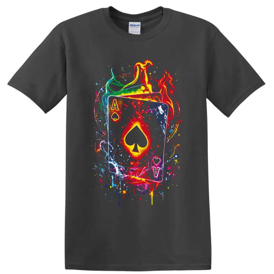 Ace of spades playing cards with flames, paint splashes, and graffiti-style art on a Charcoal T Shirt