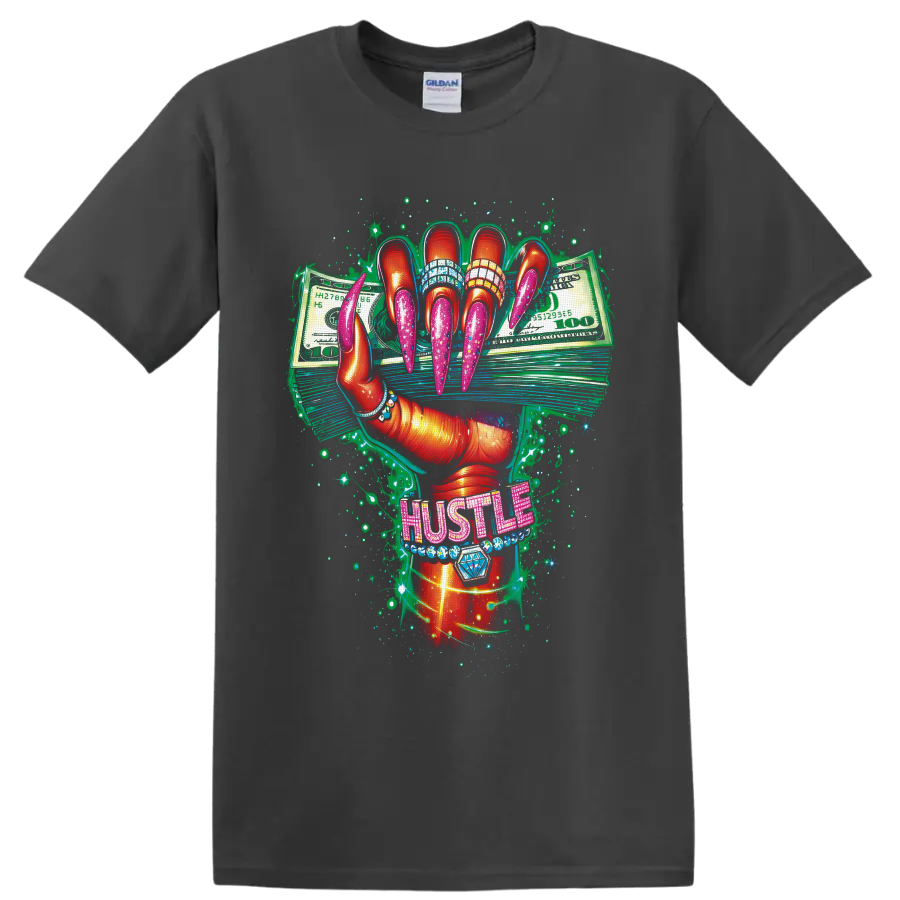 Glam manicured hand with pink nails, cash stacks, jeweled HUSTLE lettering, and sparkles on a Charcoal T Shirt