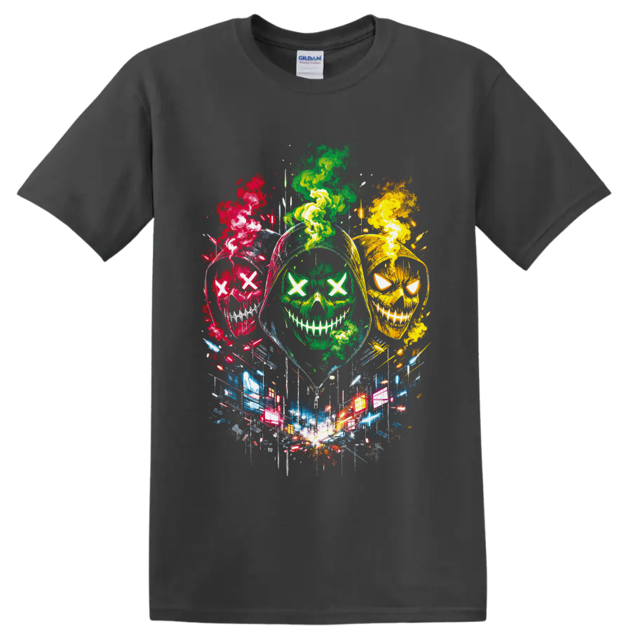 Three neon X-eyed skulls with colorful smoke and glowing city street art on a Charcoal T Shirt