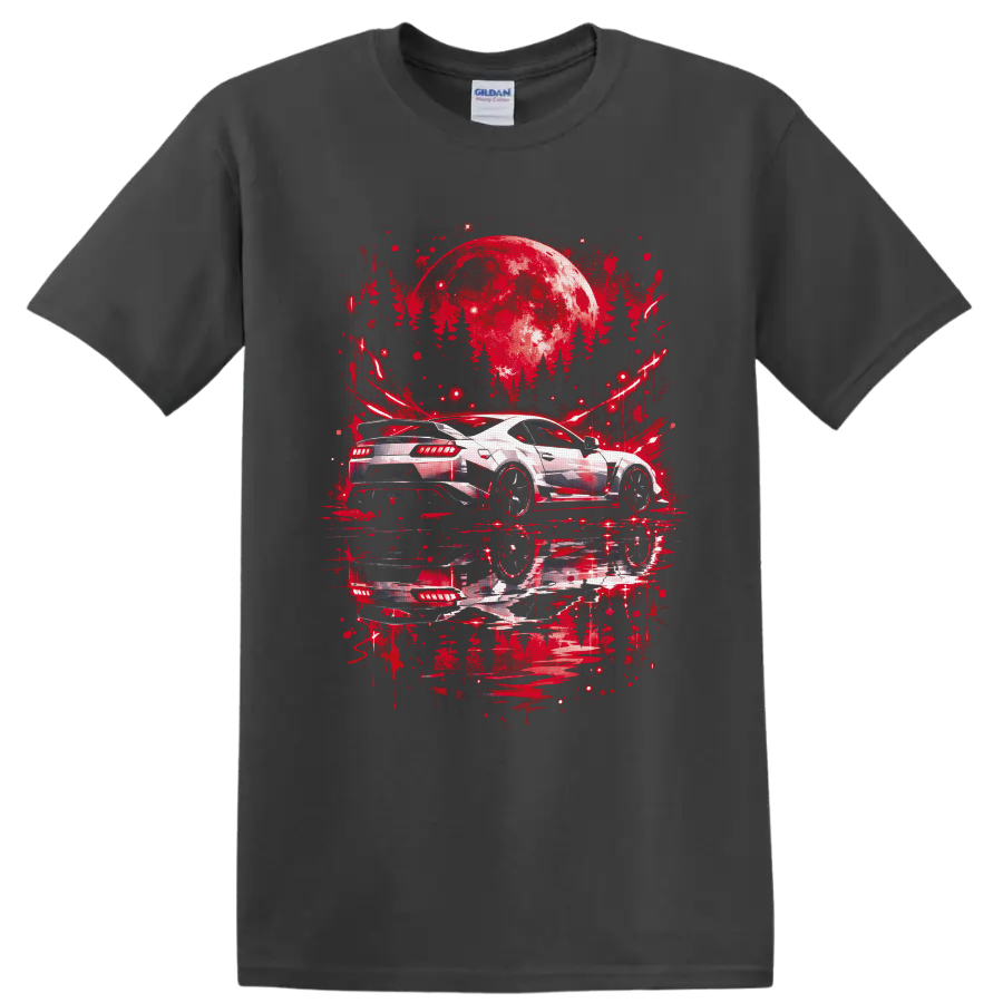 White sports car beneath a crimson moon in red graffiti-style night artwork on a Charcoal T Shirt