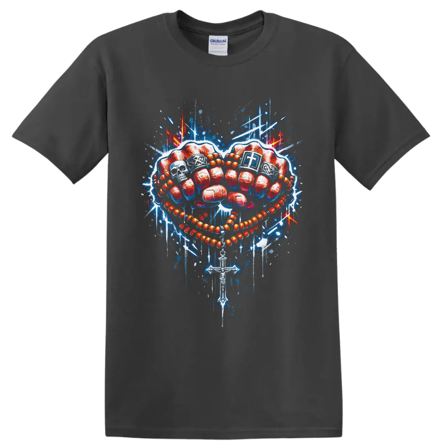 Red boxing gloves with rosary beads, cross, skull, and blue graffiti splashes on a Charcoal T Shirt