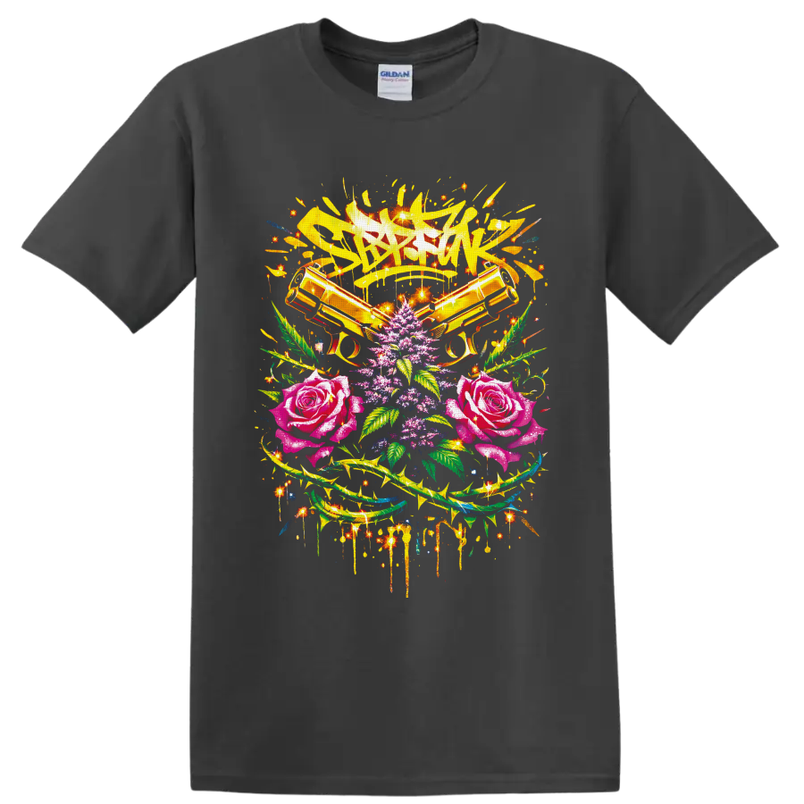 Bang Bang graffiti art with crossed golden pistols, roses, cannabis leaves, and sparks on a Charcoal T Shirt