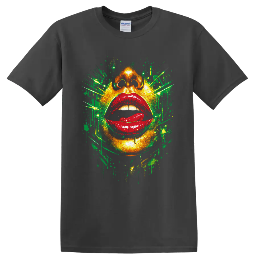Abstract face with glossy red lips and neon green graffiti splatter art on a Charcoal T Shirt