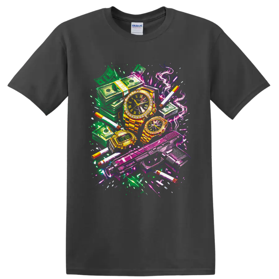 Neon graffiti collage of cash stacks, gold watches, handguns, cigarettes, and smoke on a Charcoal T Shirt