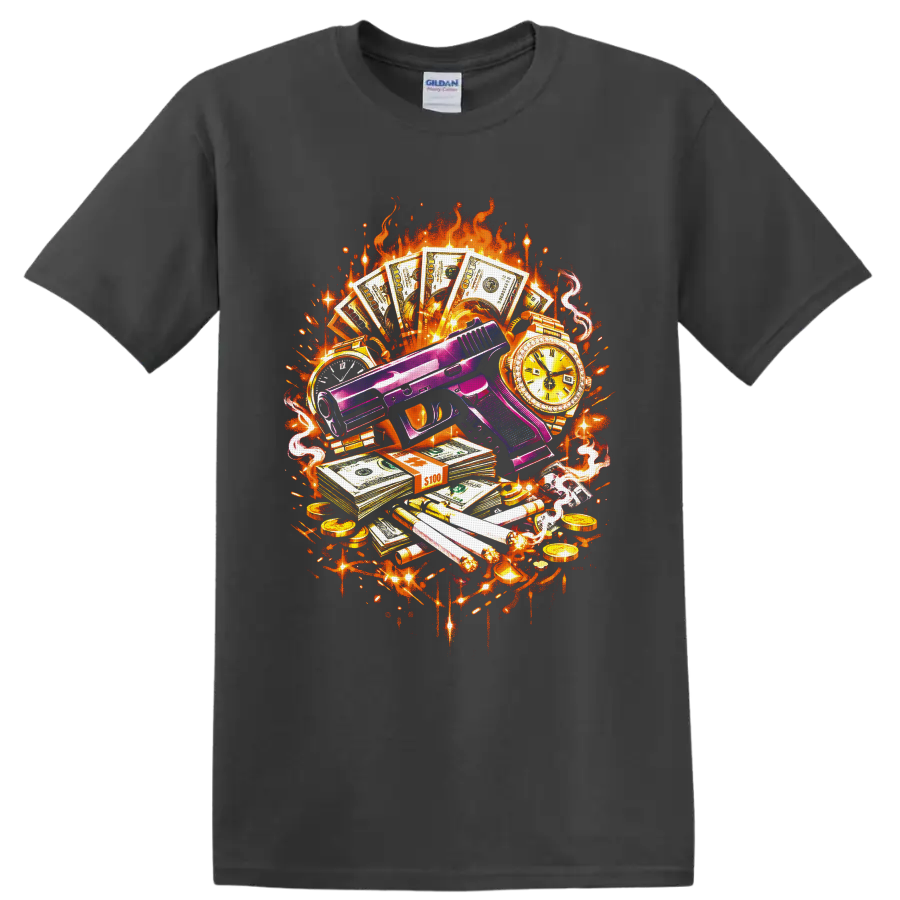 Purple handgun with cash, gold watches, cigars, coins, flames, smoke, and graffiti on a Charcoal T Shirt