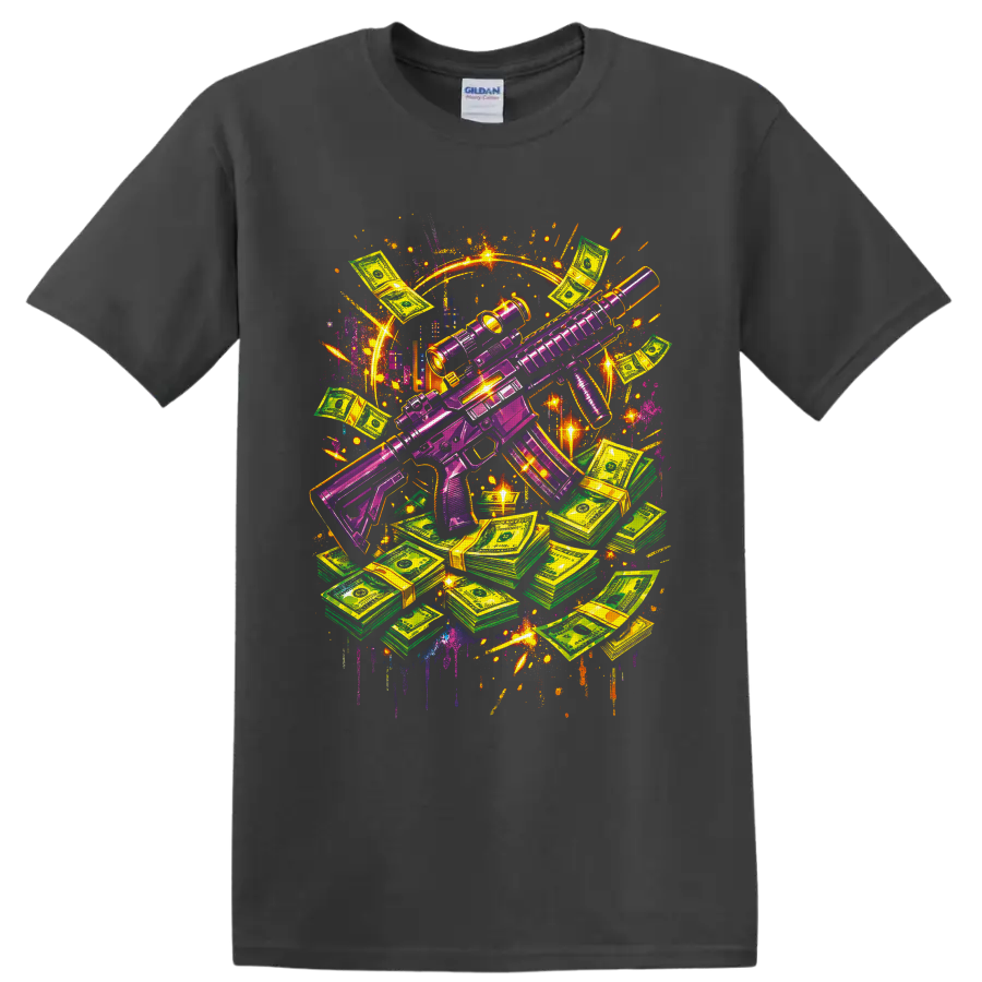 Neon purple tactical rifle with cash stacks in vibrant graffiti art on a Charcoal T Shirt