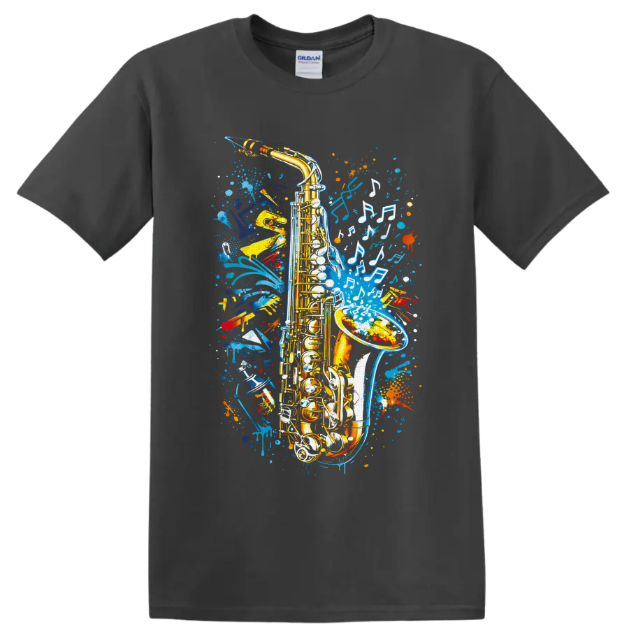 Golden saxophone with white musical notes and colorful graffiti paint splashes on a Charcoal T Shirt