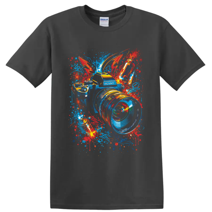 Graffiti-style camera with oversized lens, vivid paint splatters, and abstract strokes on a Charcoal T Shirt