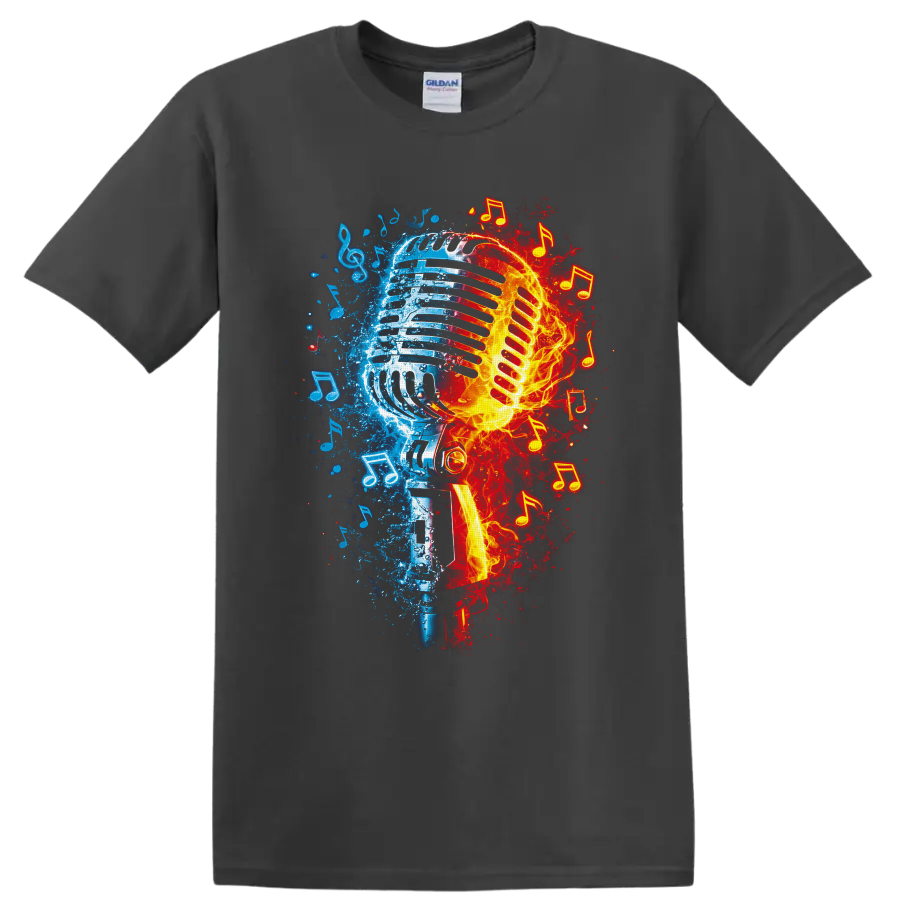 Fire and ice vintage microphone graphic with blue splashes, flames, and music notes on a Charcoal T Shirt