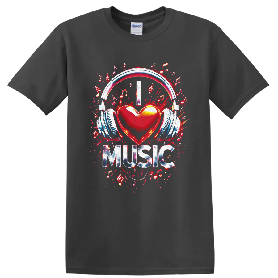 Red heart with headphones, musical notes, treble clefs, and MUSIC graffiti graphic on a Charcoal T Shirt