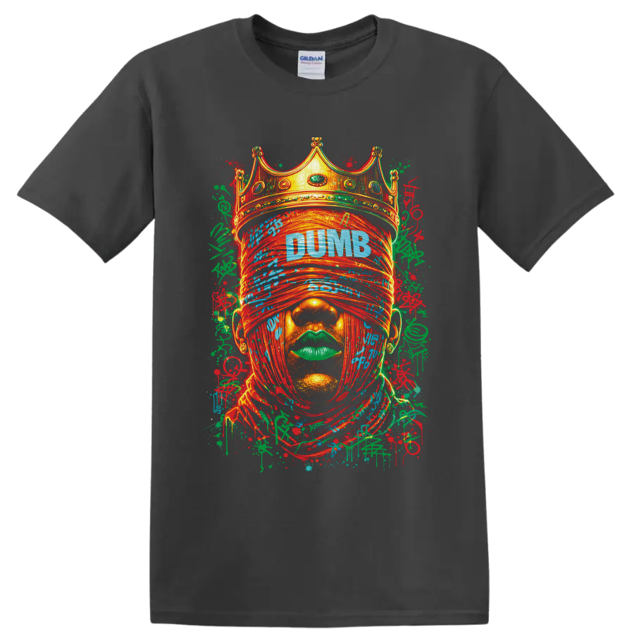Crowned blindfolded face graffiti portrait with DUMB text and paint splatters on a Charcoal T Shirt