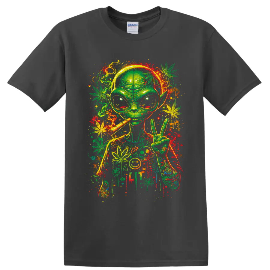Psychedelic green alien smoking with peace sign, cannabis leaves, and neon paint splatters on a Charcoal T Shirt