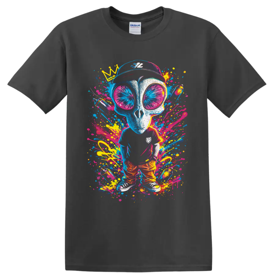 Crowned alien in oversized sunglasses with neon graffiti paint splatters on a Charcoal T Shirt