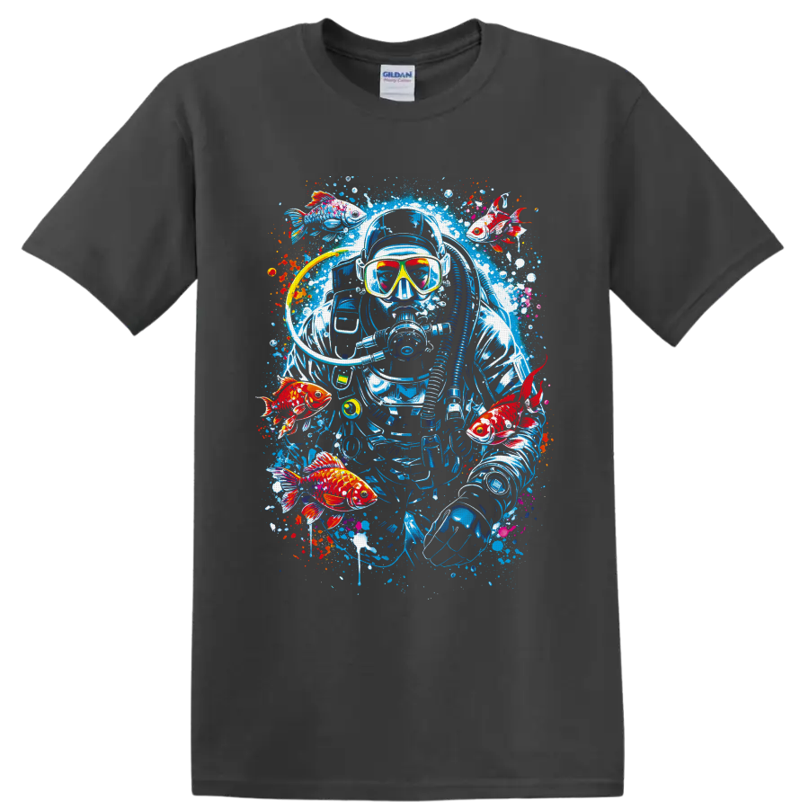 Graffiti-style scuba diver with goldfish, bubbles, and colorful ocean paint splashes on a Charcoal T Shirt