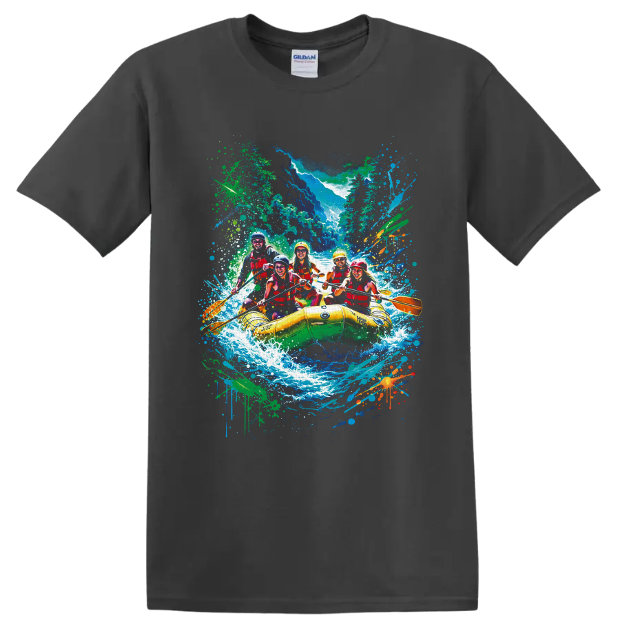 Colorful whitewater rafting crew in yellow raft with canyon rapids and paint splatters on a Charcoal T Shirt