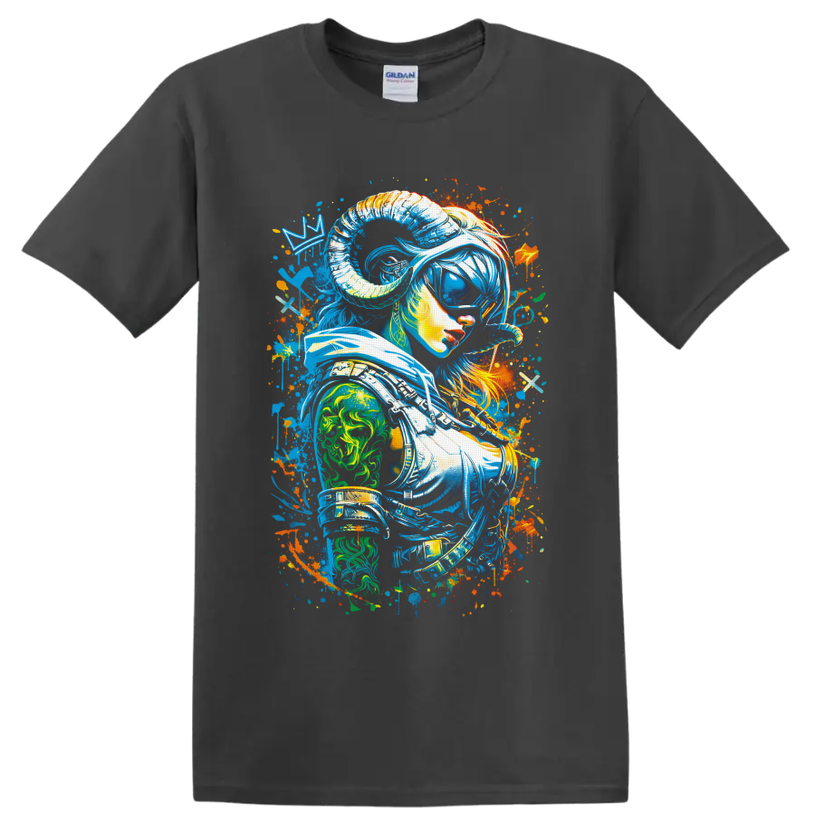 Neon graffiti woman astronaut portrait with a reflective visor and cosmic paint splatters on a Charcoal T Shirt