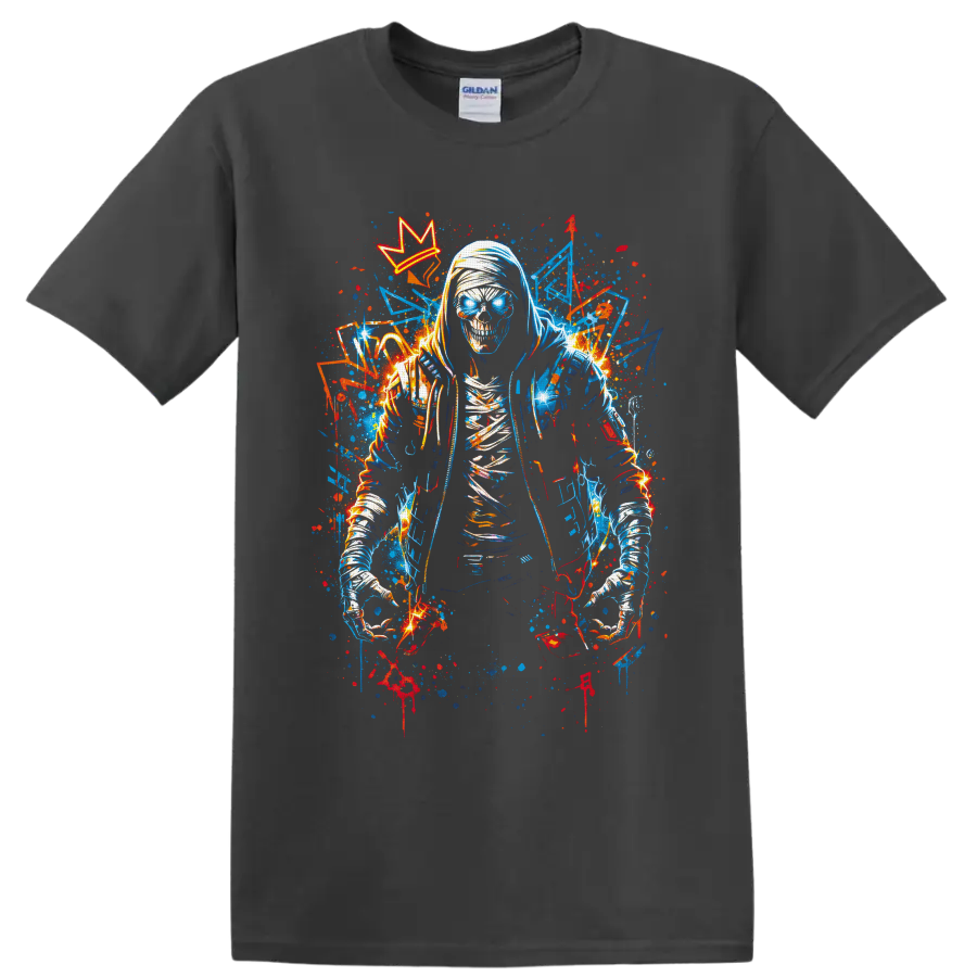 Hooded skeleton with glowing blue eyes, crown, and neon graffiti splatters on a Charcoal T Shirt