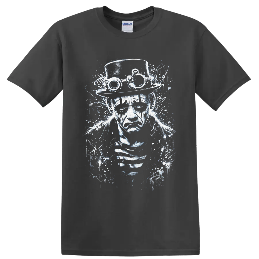 Steampunk gothic portrait with top hat goggles and distressed industrial linework on a Charcoal T Shirt