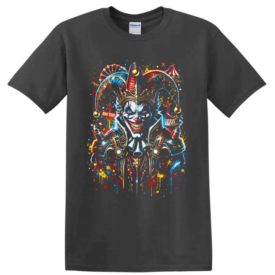 Sinister crowned jester clown with Big Top circus tents in vibrant graffiti style on a Charcoal T Shirt