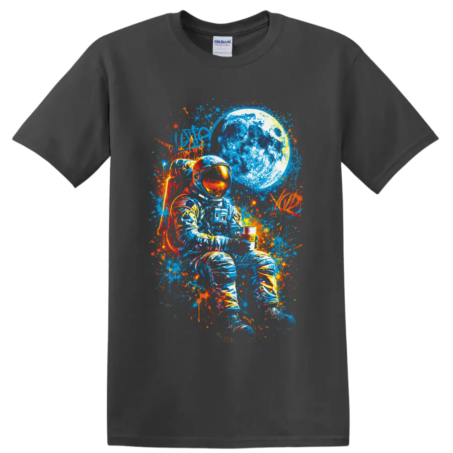 Seated astronaut beneath a cratered moon in vivid blue and orange graffiti art on a Charcoal T Shirt