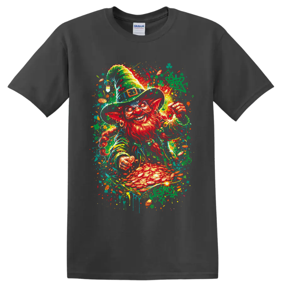 Graffiti-style leprechaun with shamrocks, gold coins, and glowing pot of gold on a Charcoal T Shirt