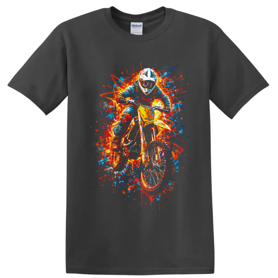 Helmeted motocross rider on dirt bike in neon graffiti paint-splash art on a Charcoal T Shirt