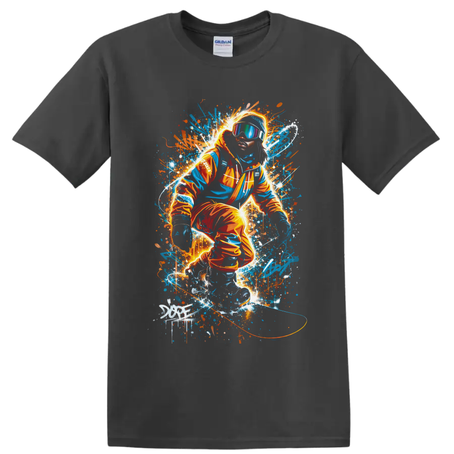 Neon graffiti snowboarder in goggles carving through glowing blue and orange snow spray on a Charcoal T Shirt