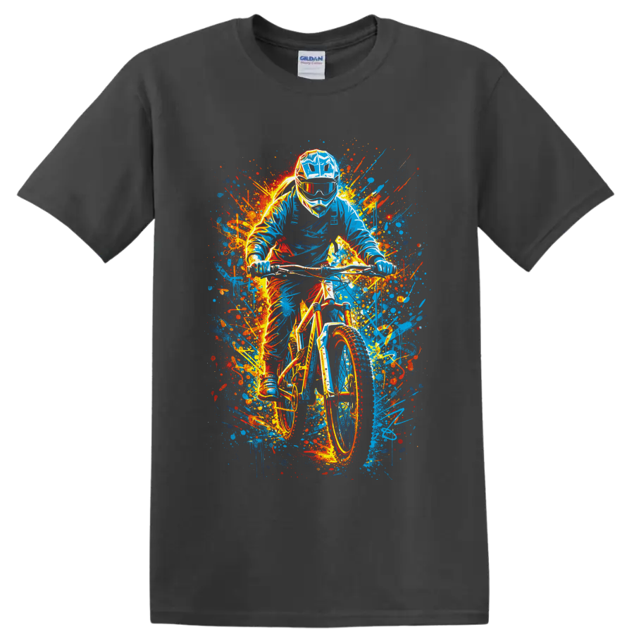 Helmeted motocross rider on dirt bike in vivid graffiti-style paint splashes on a Charcoal T Shirt