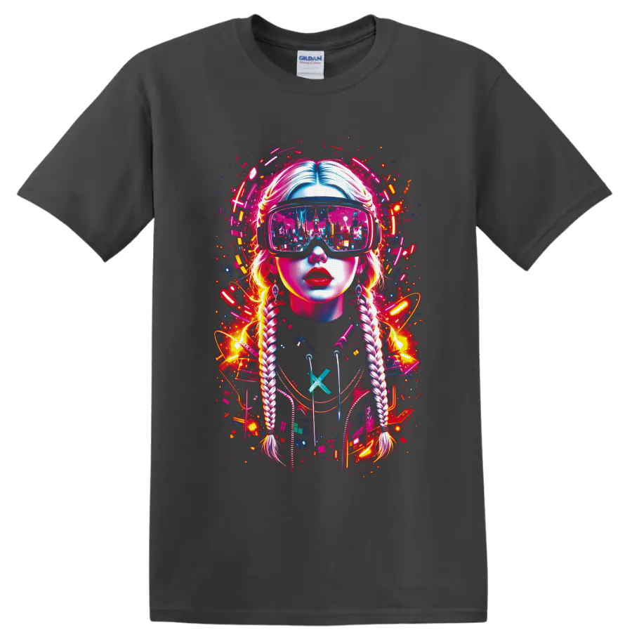 Cyberpunk braided woman in VR goggles with neon city reflection and digital splatter on a Charcoal T Shirt
