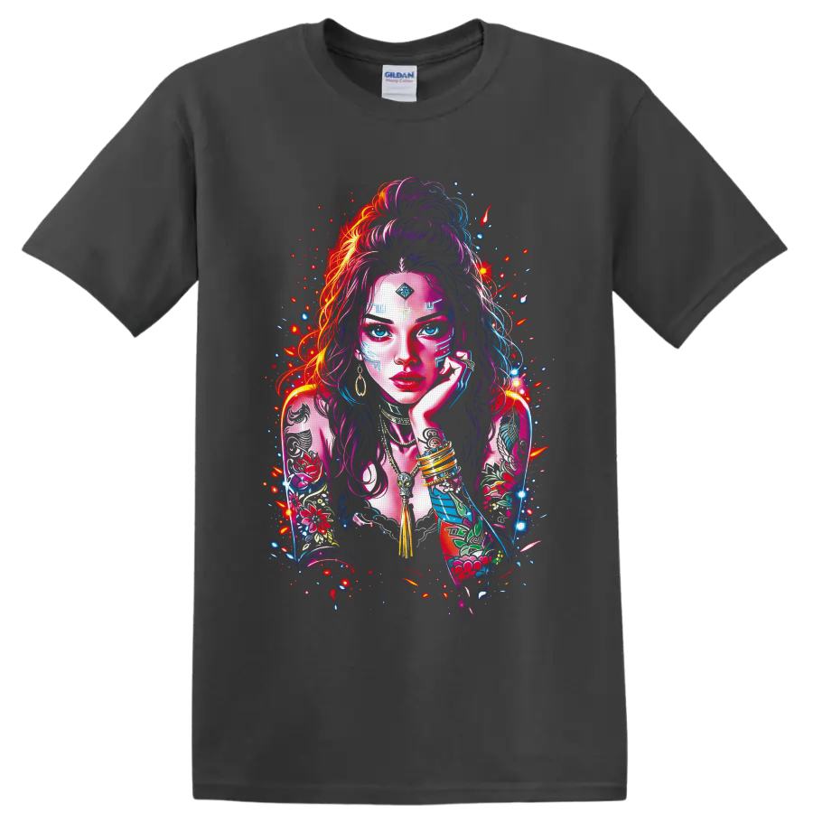 Neon futuristic portrait of a tattooed woman with blue eyes, jewelry, and floral arm art on a Charcoal T Shirt