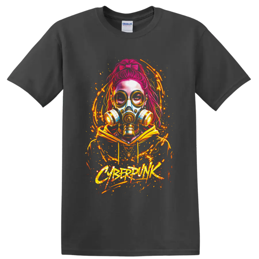 Cyberpink pink-haired woman in gas mask with neon orange graffiti energy arcs on a Charcoal T Shirt
