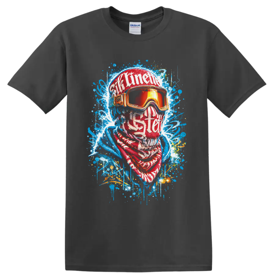 Graffiti-style winter sports portrait with ski goggles, helmet, scarf, and paint splatters on a Charcoal T Shirt