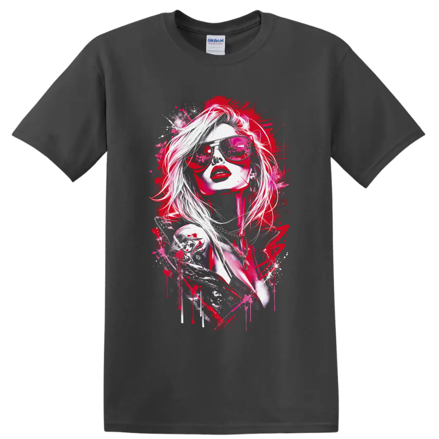 Red fashion portrait in reflective sunglasses with paint splatter street art on a Charcoal T Shirt