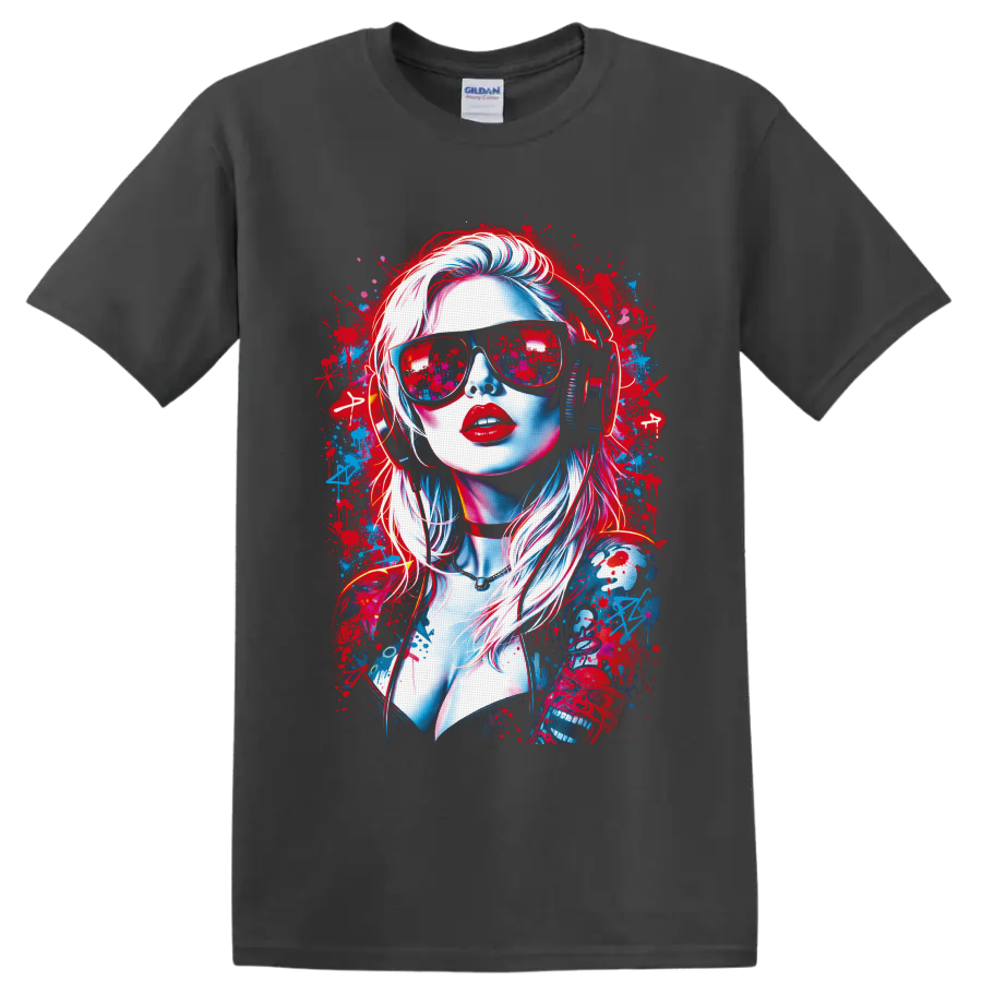 Neon woman portrait with sunglasses, headphones, and red-blue graffiti splatters on a Charcoal T Shirt