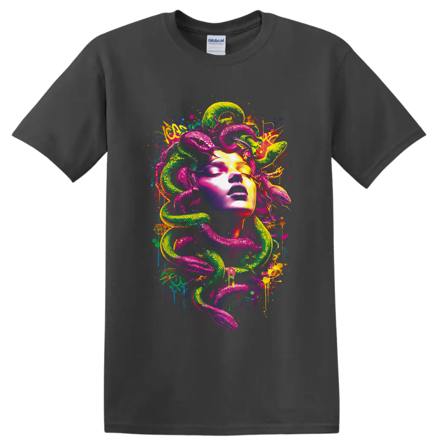 Neon Medusa-inspired portrait with coiling pink and green snakes in graffiti art on a Charcoal T Shirt
