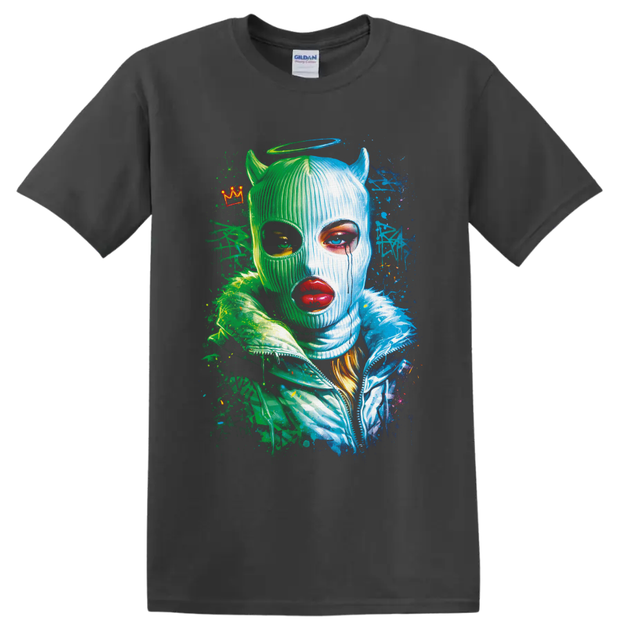 Neon green and blue horned masked portrait with halo, crown, and splatter art on a Charcoal T Shirt
