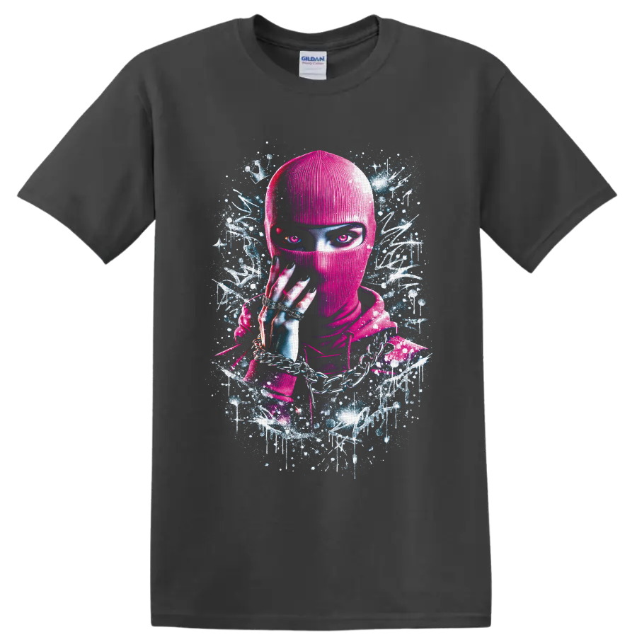 Neon pink masked woman with chains and rings in cyberpunk graffiti portrait art on a Charcoal T Shirt