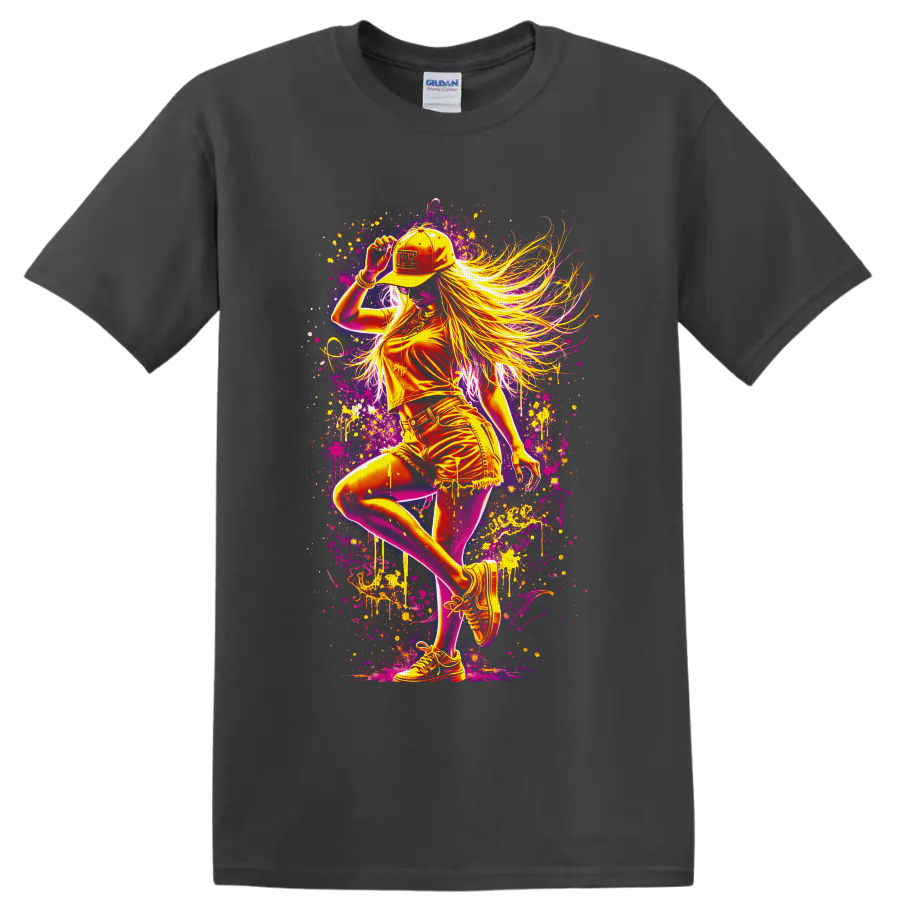 Neon dance girl in cap and sneakers with flowing hair and graffiti paint splatters on a Charcoal T Shirt