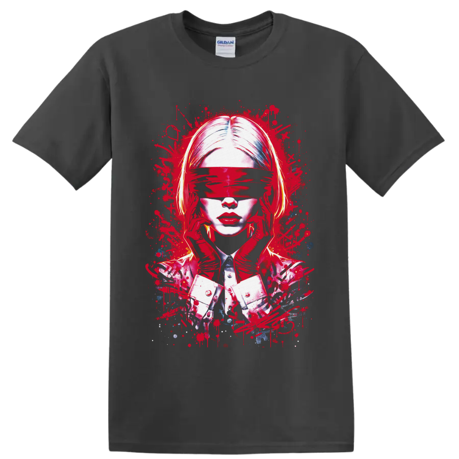 Blindfolded woman abstract portrait with red paint splatters and red gloves on a Charcoal T Shirt