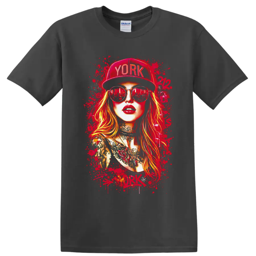 Tattooed woman portrait in YORK cap and sunglasses with red paint-splatter street art on a Charcoal T Shirt